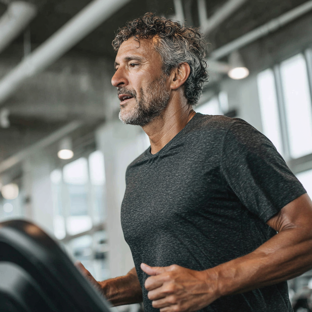 Чоловік віком 58 років виконує кардіо тренування на біговій доріжці в залі welstovrek з сучасним обладнанням
