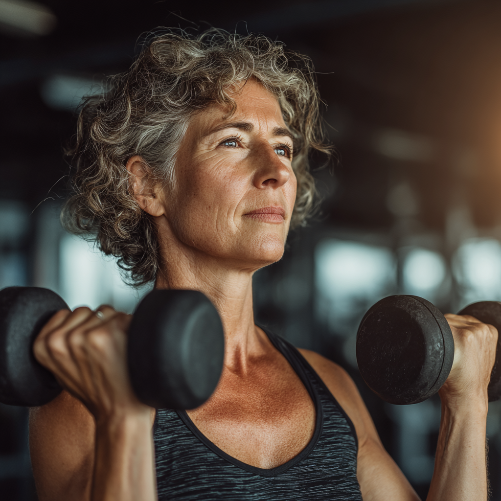 Активна жінка віком 55 років виконує силові вправи з гантелями в сучасному фітнес-залі welstovrek